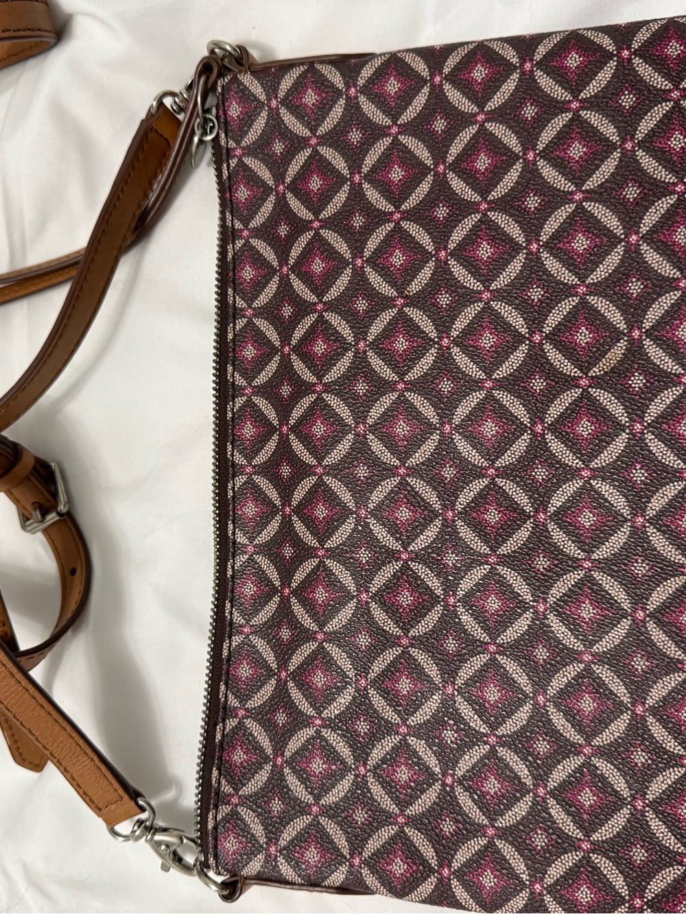 Fossil Brown Crossbody Shoulder Bag with Pink Geometric Pattern